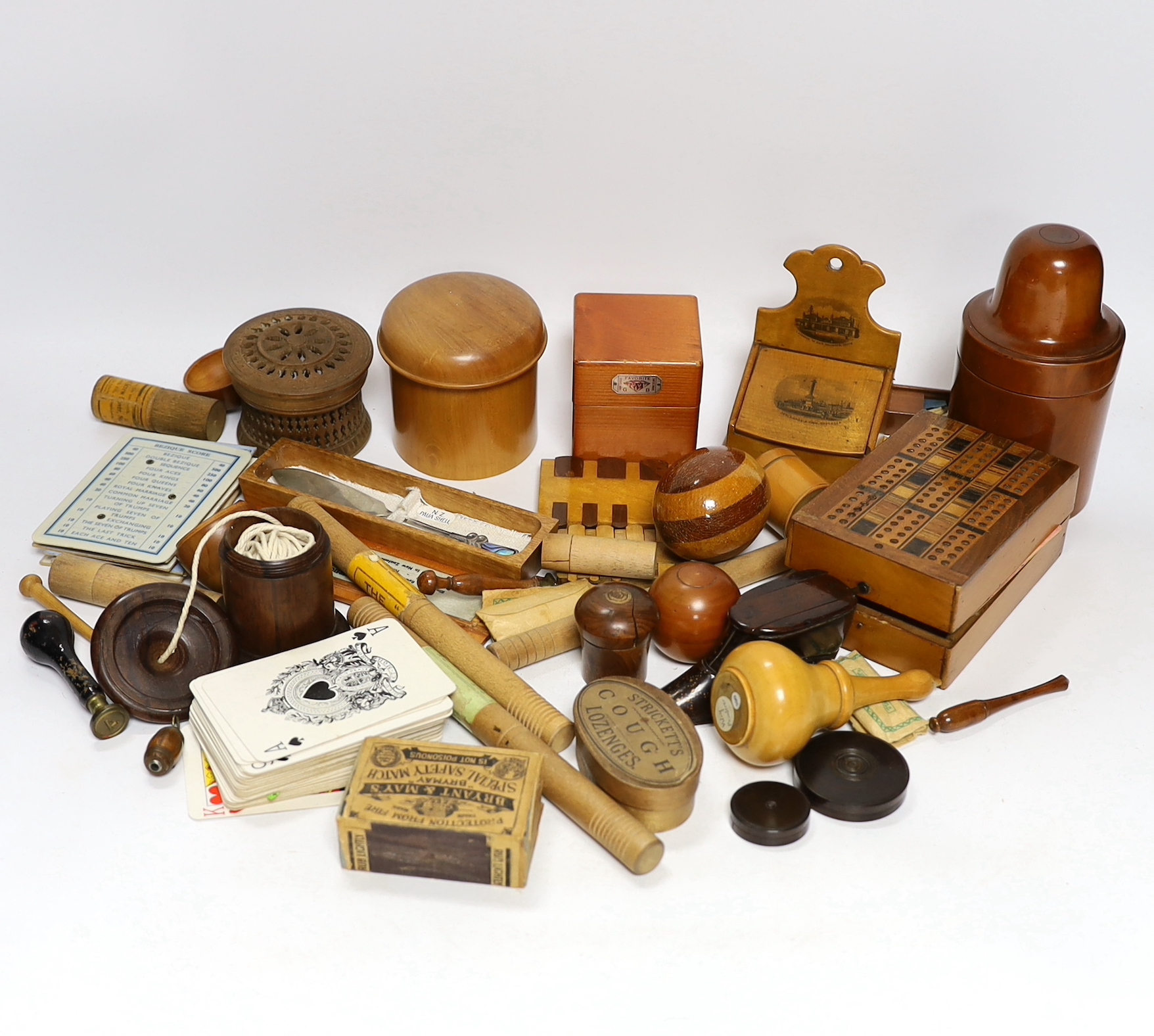 A quantity of assorted treen items and playing cards